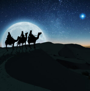 The Three Wise Men follow the Star of Bethlehem on their journey to the birth of Christ